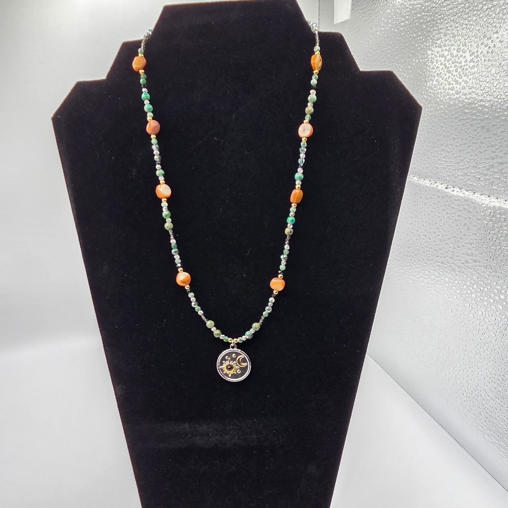 Bohemian Celestial Sun Moon Beaded Necklace Orange Shell Turquoise Stone Pendant
